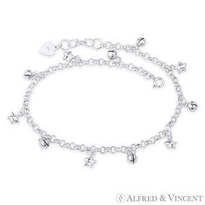 Star, Ringing Balls, & Rolo Chain Charm Anklet in .925 Sterling Silver - 10"